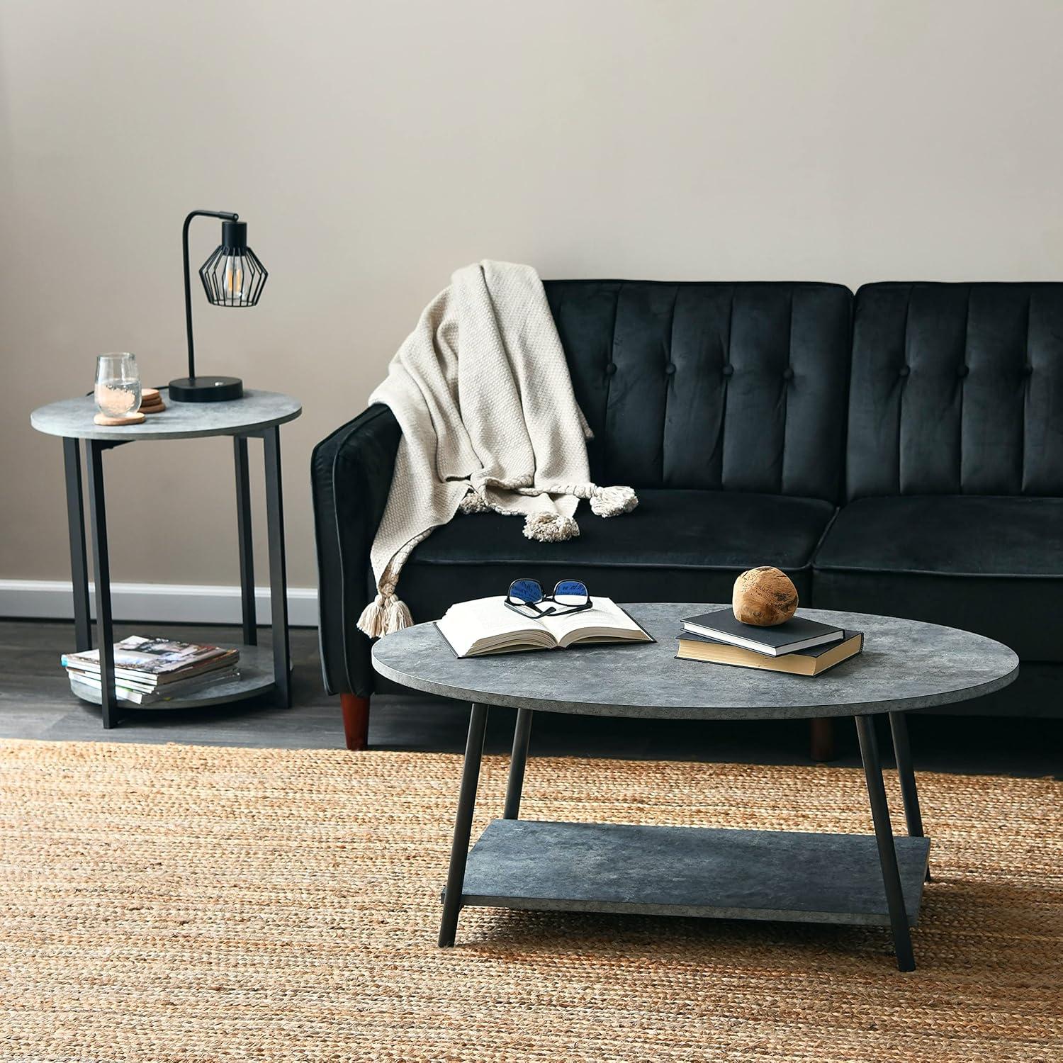image:imageHousehold Essentials Jamestown Round Side End Table with Storage Shelf Rustic Slate Concrete and Black MetalSlate