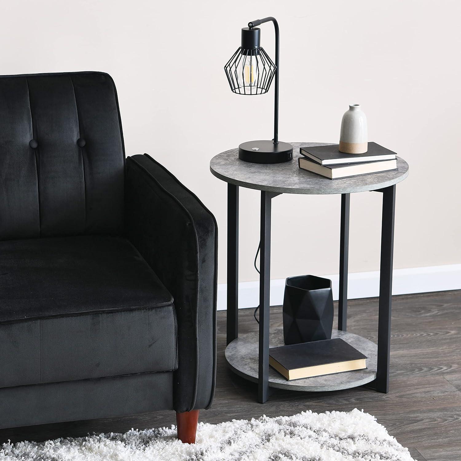 image:imageHousehold Essentials Jamestown Round Side End Table with Storage Shelf Rustic Slate Concrete and Black MetalSlate