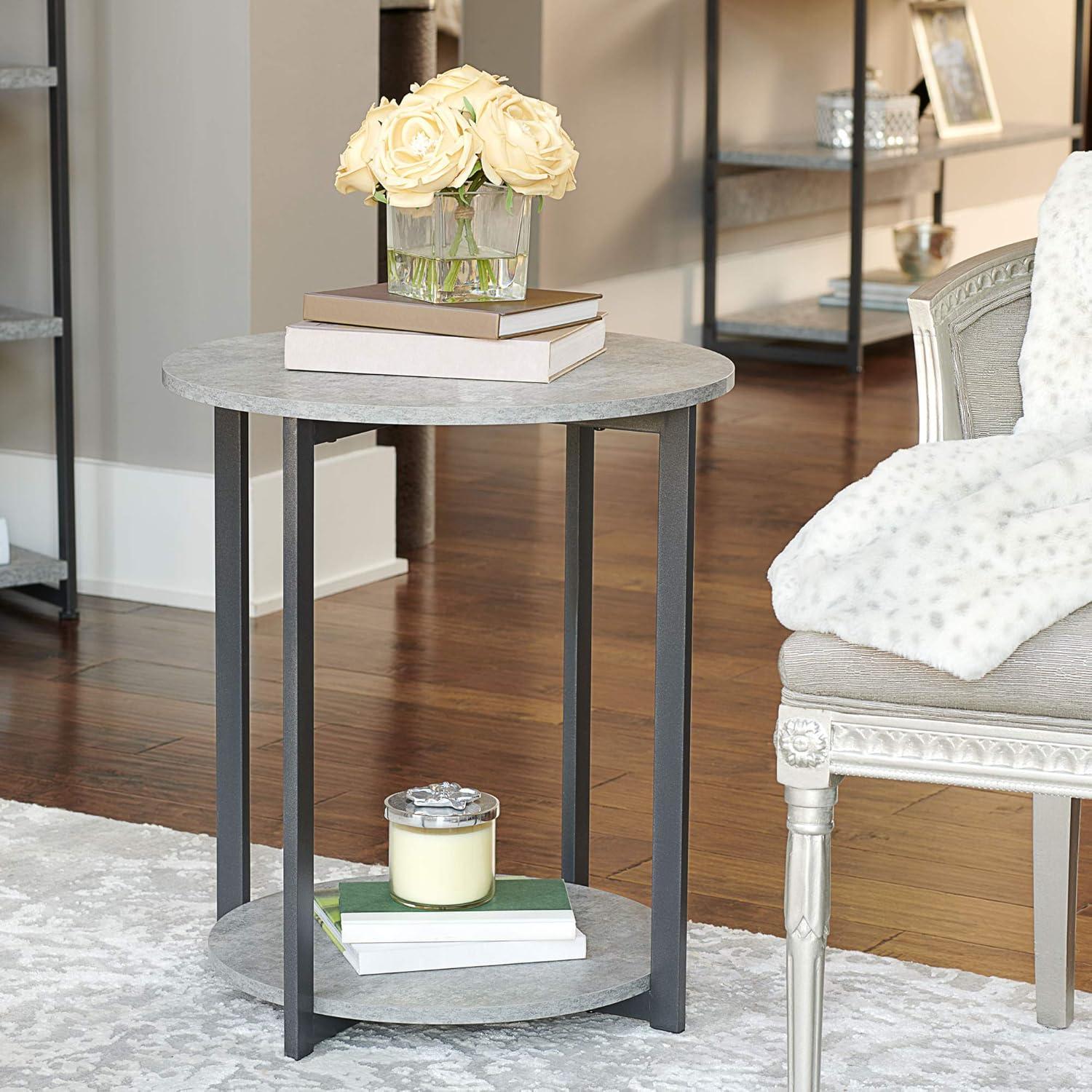 image:imageHousehold Essentials Jamestown Round Side End Table with Storage Shelf Rustic Slate Concrete and Black MetalSlate