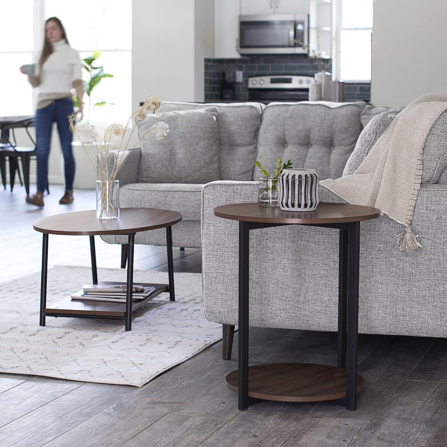 image:imageHousehold Essentials Jamestown Round Side End Table with Storage Shelf Rustic Slate Concrete and Black MetalWalnut