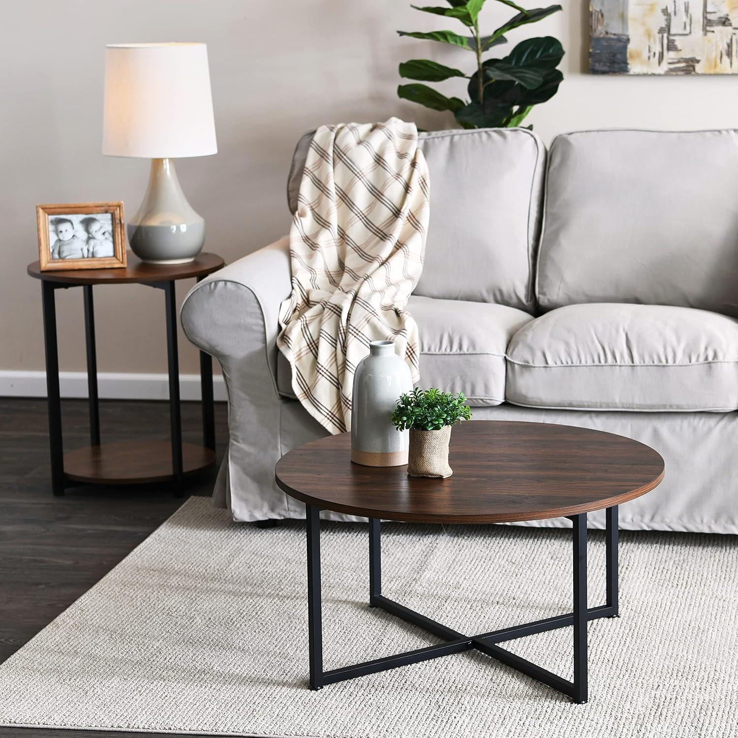 image:imageHousehold Essentials Jamestown Round Side End Table with Storage Shelf Rustic Slate Concrete and Black MetalWalnut