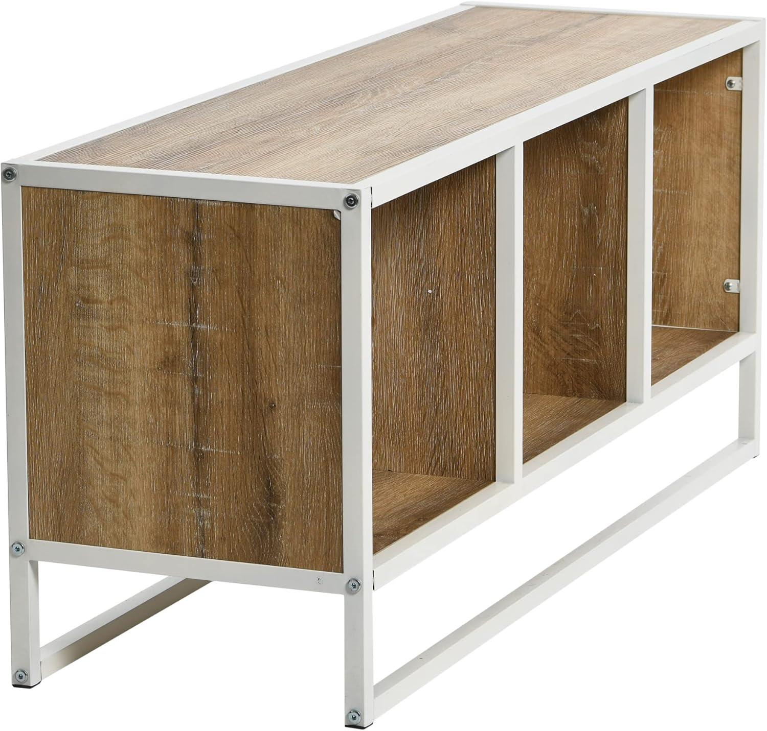 image:imageHousehold Essentials Jamestown TV Stand Coffee Table with Square Cube Storage Compartments Coastal Oak Rustic Wood Grain and White Metal