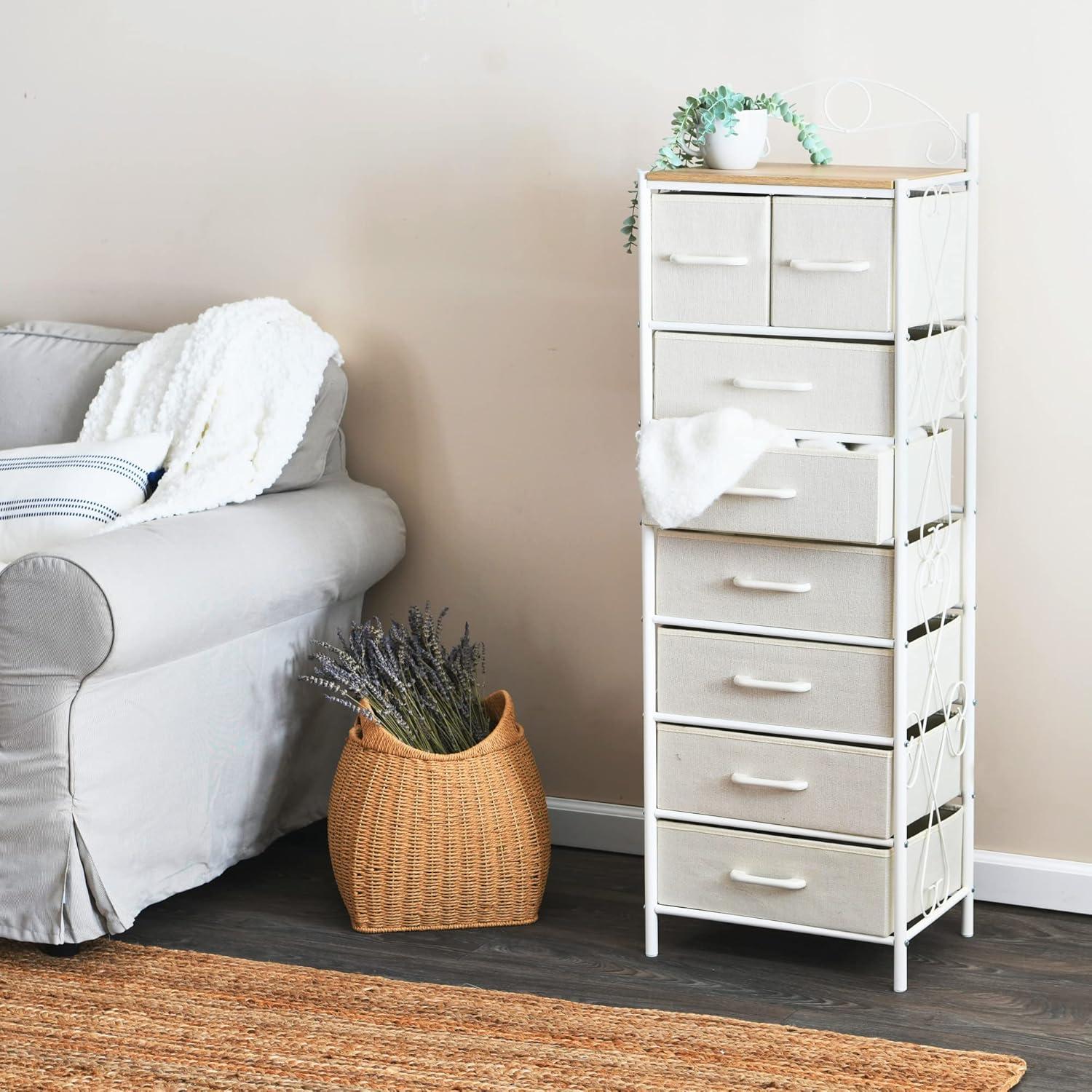 image:imageHousehold Essentials Victoria Dresser Tower Storage Organizer with 8 Drawers White Metal Frame and Scandinavian White TopCoastal Oak