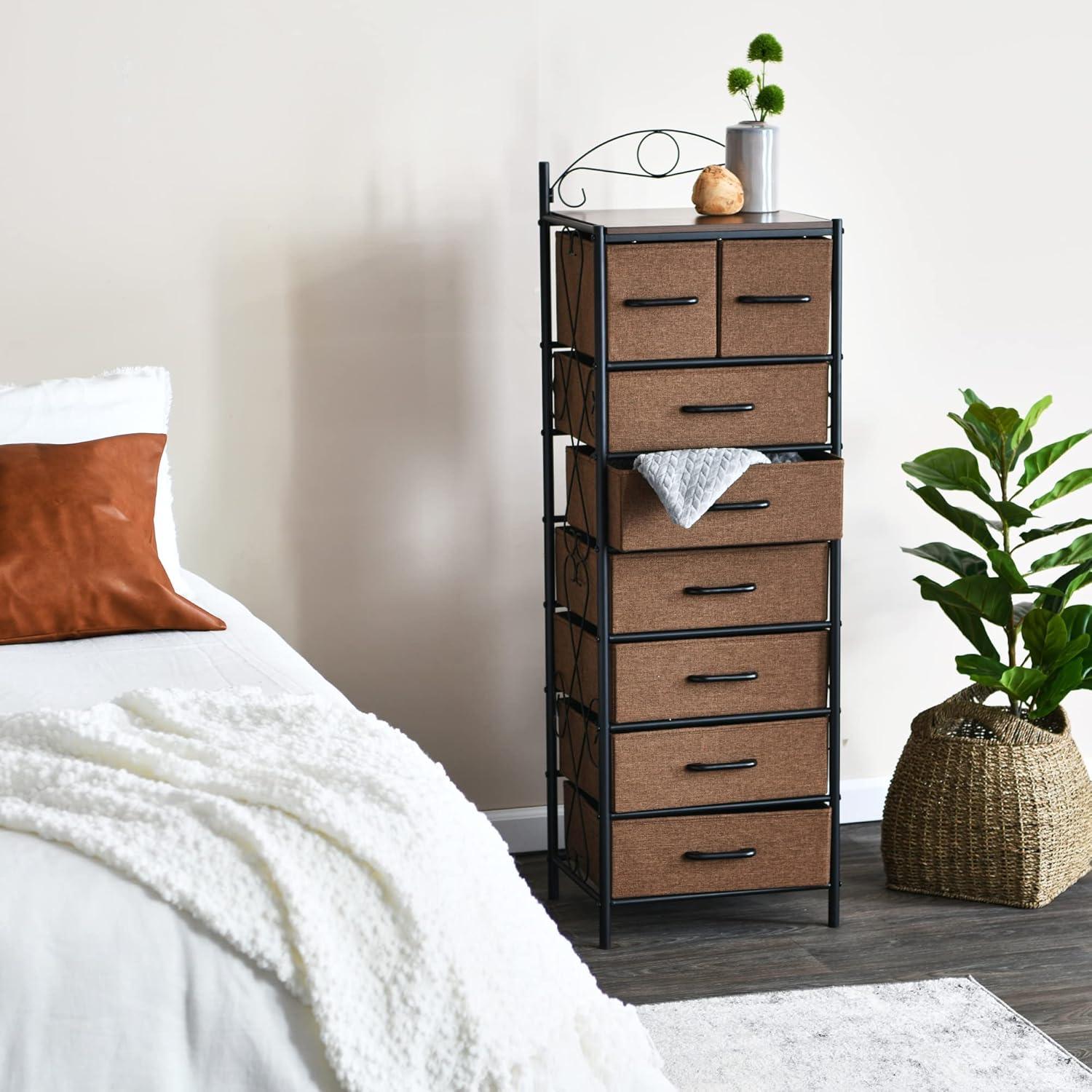 image:imageHousehold Essentials Victoria Dresser Tower Storage Organizer with 8 Drawers White Metal Frame and Scandinavian White TopWalnut