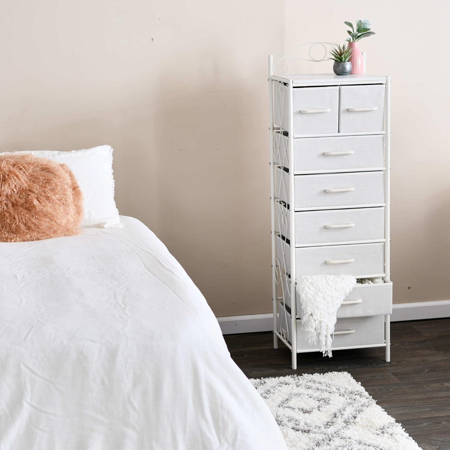 image:imageHousehold Essentials Victoria Dresser Tower Storage Organizer with 8 Drawers White Metal Frame and Scandinavian White TopWhite