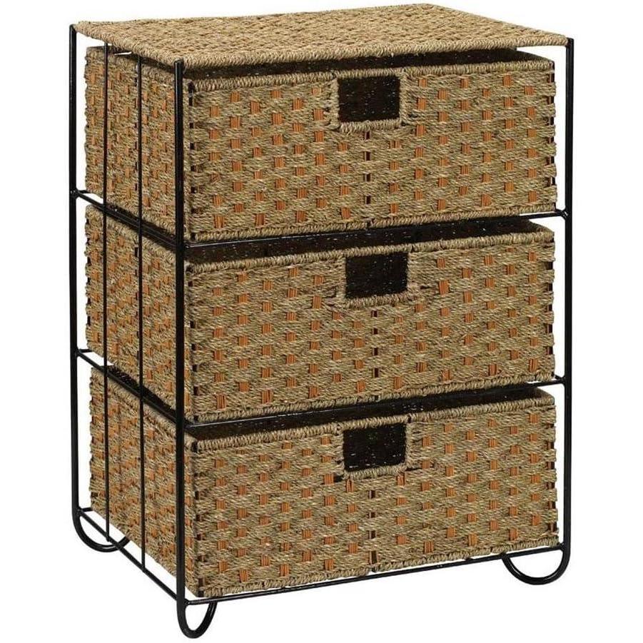 image:imageHousehold Essentials 3 Drawer Wicker Storage Unit Handwoven Seagrass Strong Metal Frame with Curved Feet Durable Compact No Assembly Required Natural