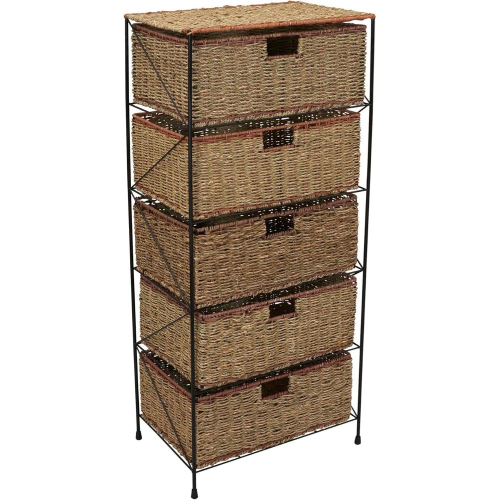 image:imageHousehold Essentials 5 Drawer Seagrass Wicker Storage Unit Rattan Storage Tower with Protective Coating Strong Metal Frame Spacious and Rustic Modern Design Handwoven Natural