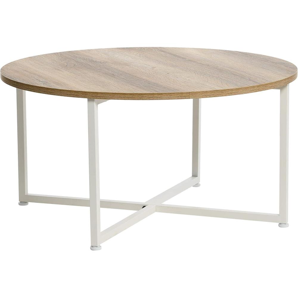 image:imageHousehold Essentials Jamestown Round Coffee Table Coastal Oak Rustic Wood Grain and White Metal