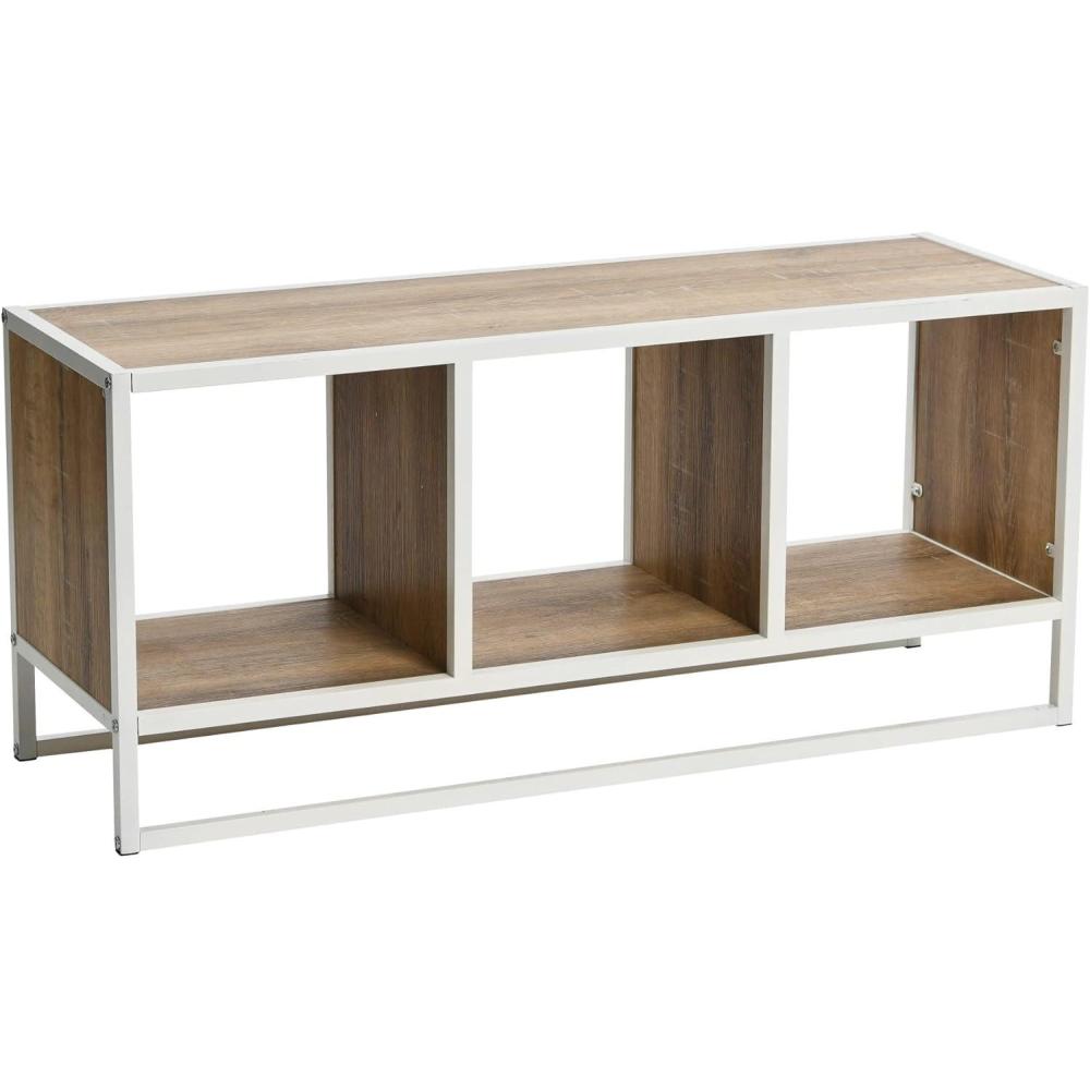 image:imageHousehold Essentials Jamestown TV Stand Coffee Table with Square Cube Storage Compartments Coastal Oak Rustic Wood Grain and White Metal