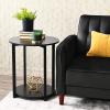 Household Essentials Jamestown Round Side End Table with Storage Shelf Rustic Slate Concrete and Black Metal(Black Oak)