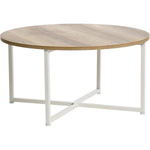 Household Essentials Jamestown Round Coffee Table Coastal Oak Rustic Wood Grain and White Metal