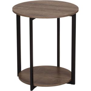 Household Essentials Jamestown Round Side End Table with Storage Shelf Rustic Slate Concrete and Black Metal(Ashwood)