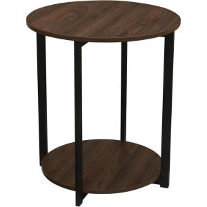 Household Essentials Jamestown Round Side End Table with Storage Shelf Rustic Slate Concrete and Black Metal(Walnut)