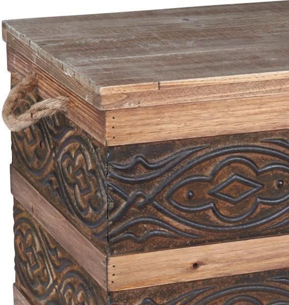 image:imageHousehold Essentials Decorative Trunk Embossed Metal Small Chinese Fir Wood Darkened Interior Rope Handles Flat and Fully Opening Lid Handmade Walnut and Almond StainRustic Traditional