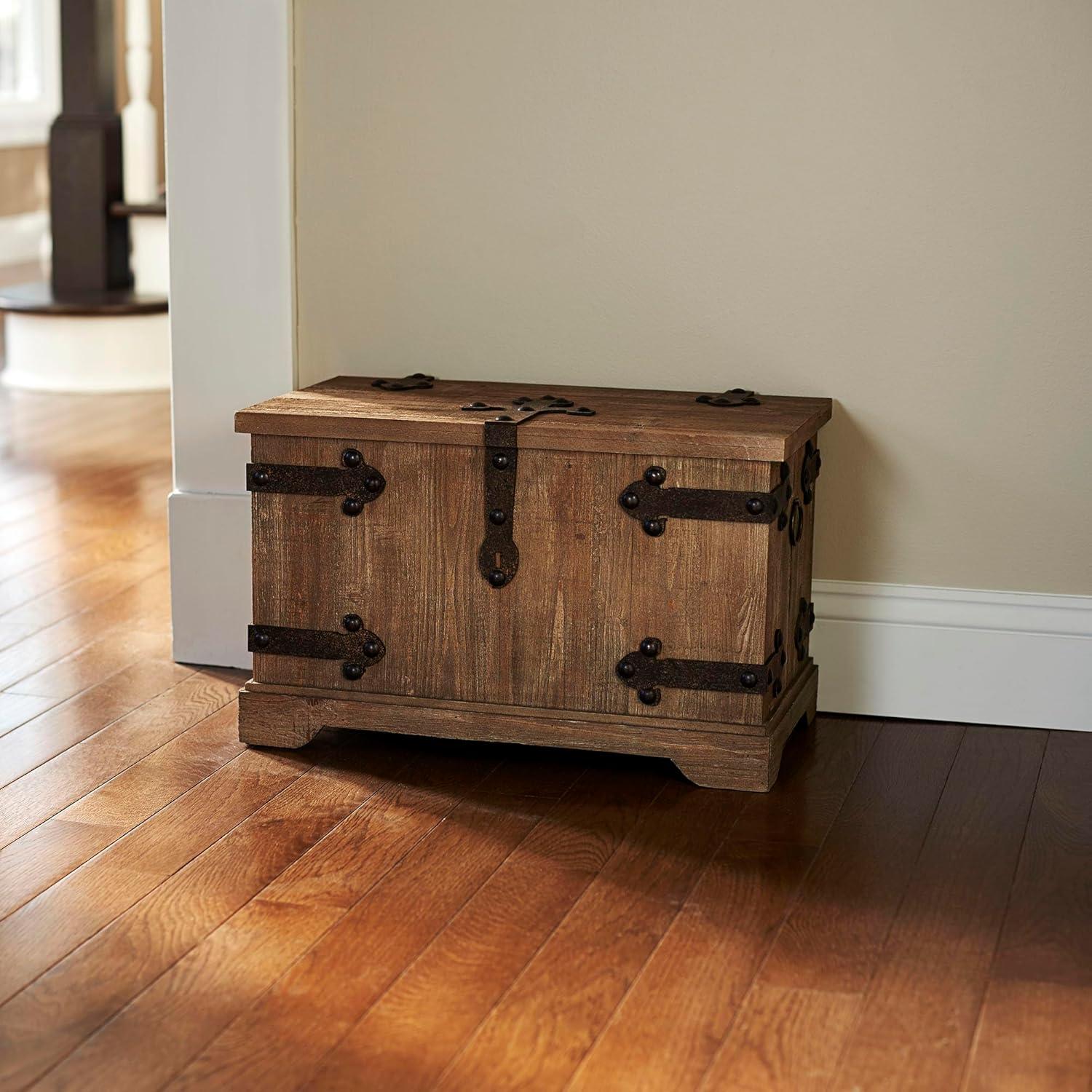 image:imageHousehold Essentials Decorative Trunk Embossed Metal Small Chinese Fir Wood Darkened Interior Rope Handles Flat and Fully Opening Lid Handmade Walnut and Almond StainVictorian