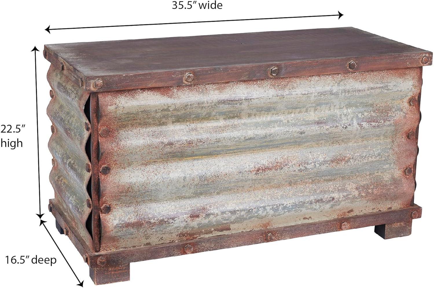 image:imageHousehold Essentials Decorative Trunk Embossed Metal Small Chinese Fir Wood Darkened Interior Rope Handles Flat and Fully Opening Lid Handmade Walnut and Almond StainGrooved