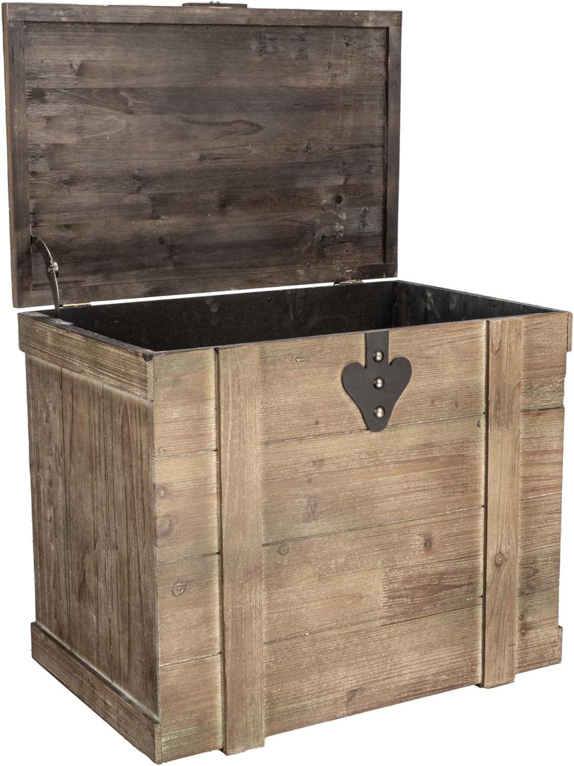image:imageHousehold Essentials Decorative Trunk Embossed Metal Small Chinese Fir Wood Darkened Interior Rope Handles Flat and Fully Opening Lid Handmade Walnut and Almond StainAntiqued