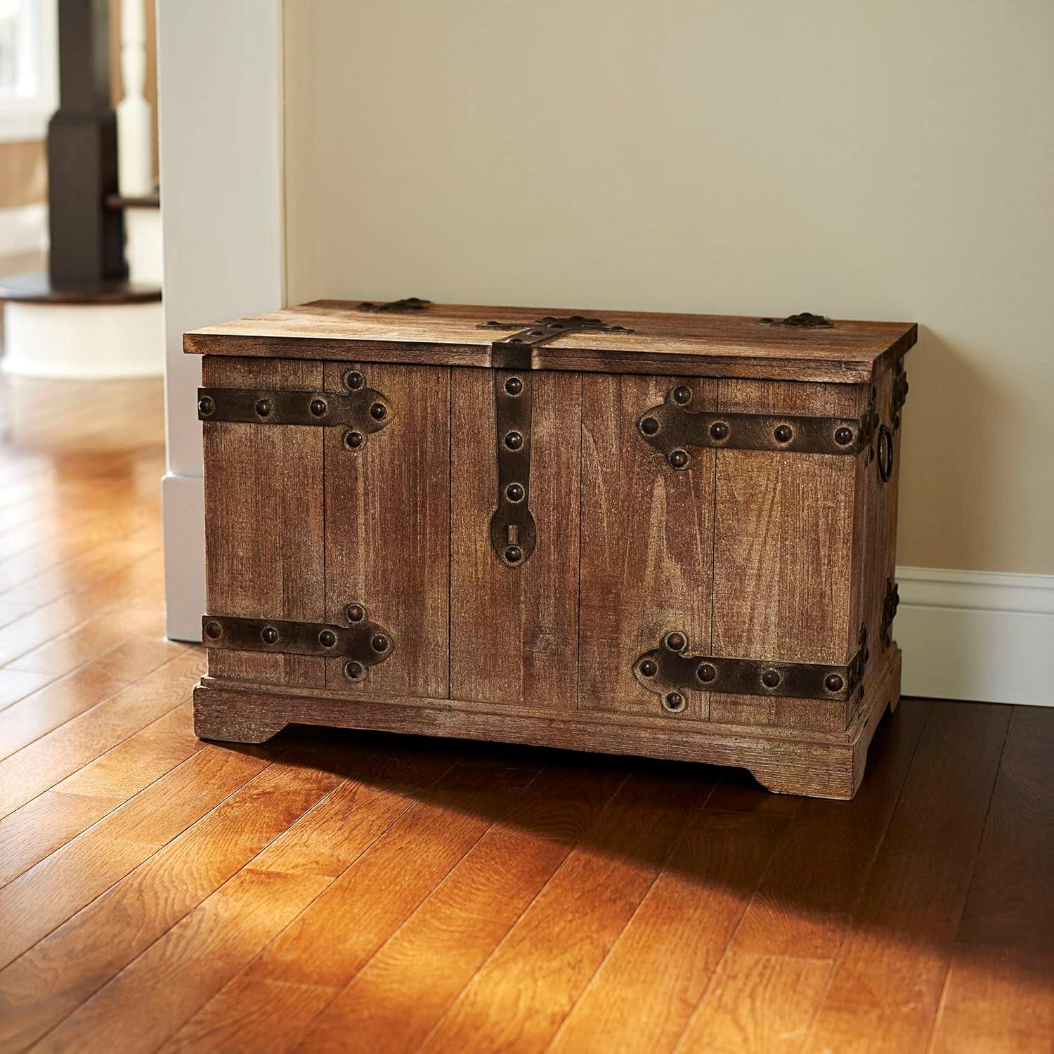 image:imageHousehold Essentials Decorative Trunk Embossed Metal Small Chinese Fir Wood Darkened Interior Rope Handles Flat and Fully Opening Lid Handmade Walnut and Almond StainVictorian