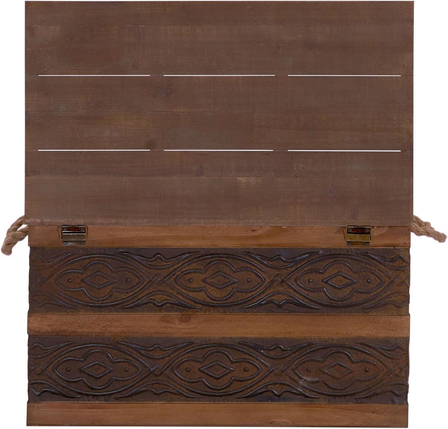 image:imageHousehold Essentials Decorative Trunk Embossed Metal Small Chinese Fir Wood Darkened Interior Rope Handles Flat and Fully Opening Lid Handmade Walnut and Almond StainRustic Traditional