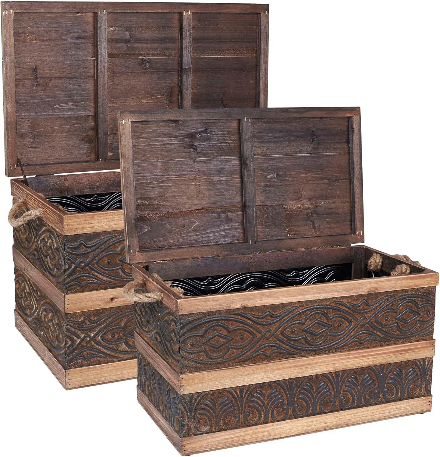 image:imageHousehold Essentials Decorative Trunk Embossed Metal Small Chinese Fir Wood Darkened Interior Rope Handles Flat and Fully Opening Lid Handmade Walnut and Almond StainRustic Traditional
