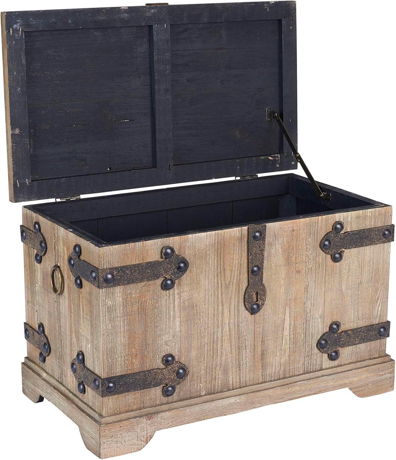 image:imageHousehold Essentials Decorative Trunk Embossed Metal Small Chinese Fir Wood Darkened Interior Rope Handles Flat and Fully Opening Lid Handmade Walnut and Almond StainVictorian