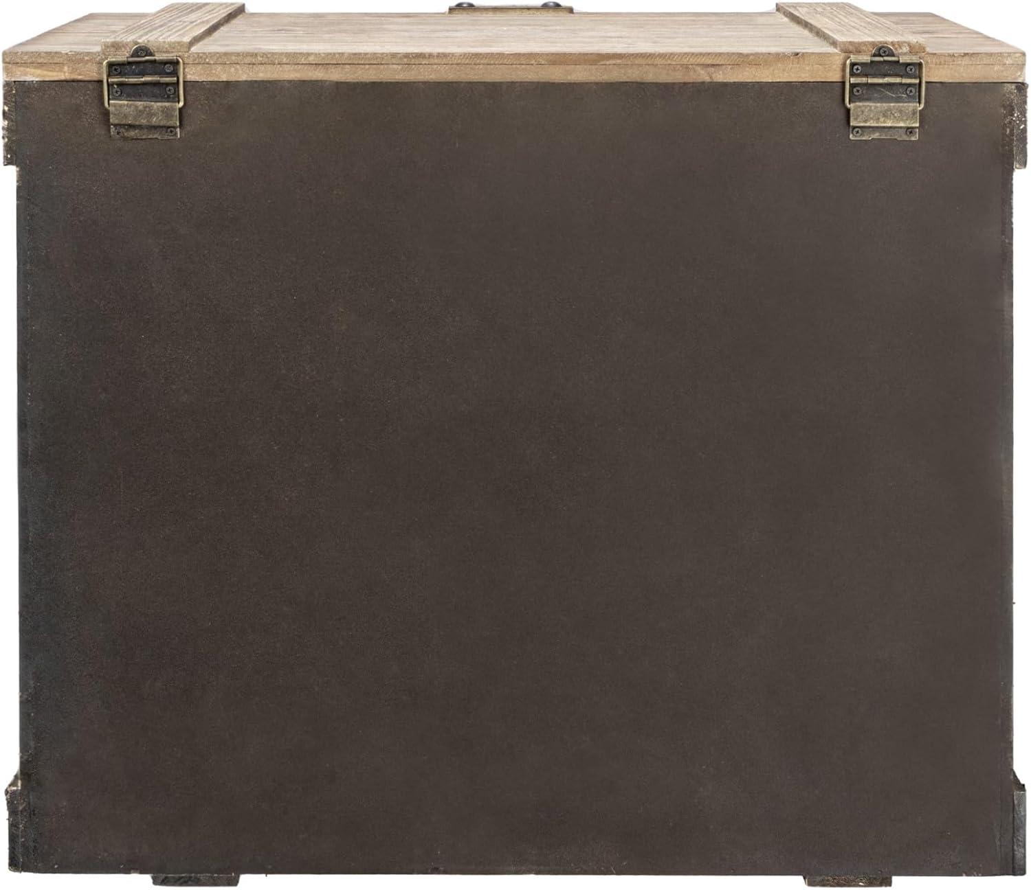 image:imageHousehold Essentials Decorative Trunk Embossed Metal Small Chinese Fir Wood Darkened Interior Rope Handles Flat and Fully Opening Lid Handmade Walnut and Almond StainAntiqued
