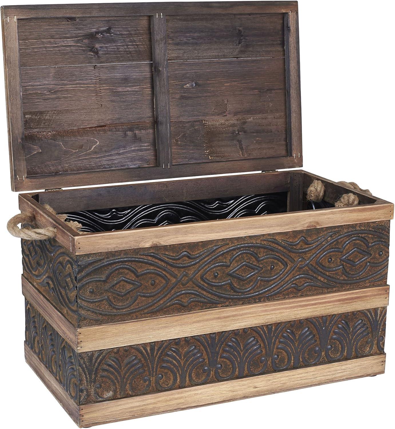 image:imageHousehold Essentials Decorative Trunk Embossed Metal Small Chinese Fir Wood Darkened Interior Rope Handles Flat and Fully Opening Lid Handmade Walnut and Almond StainRustic Traditional