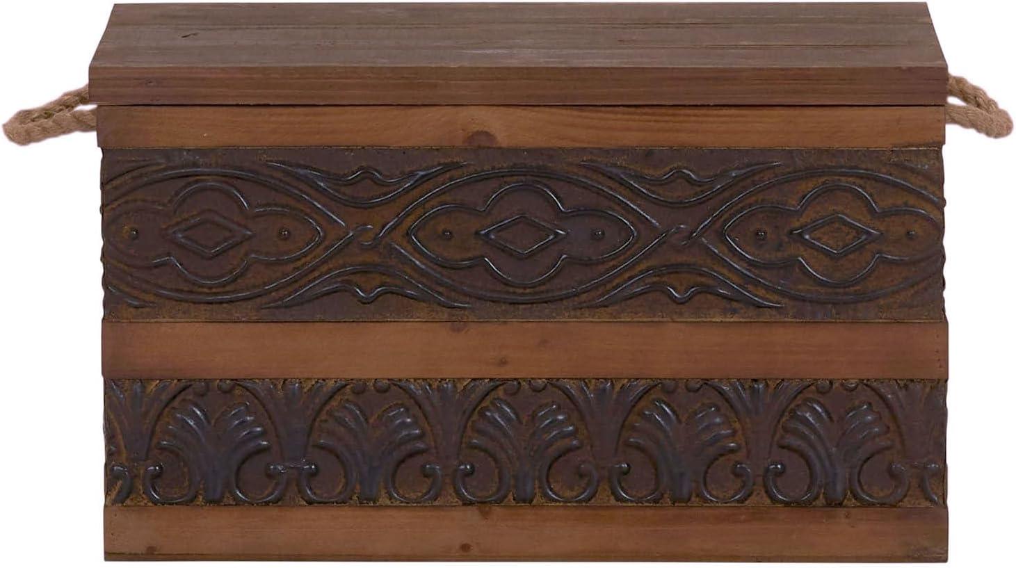 image:imageHousehold Essentials Decorative Trunk Embossed Metal Small Chinese Fir Wood Darkened Interior Rope Handles Flat and Fully Opening Lid Handmade Walnut and Almond StainRustic Traditional