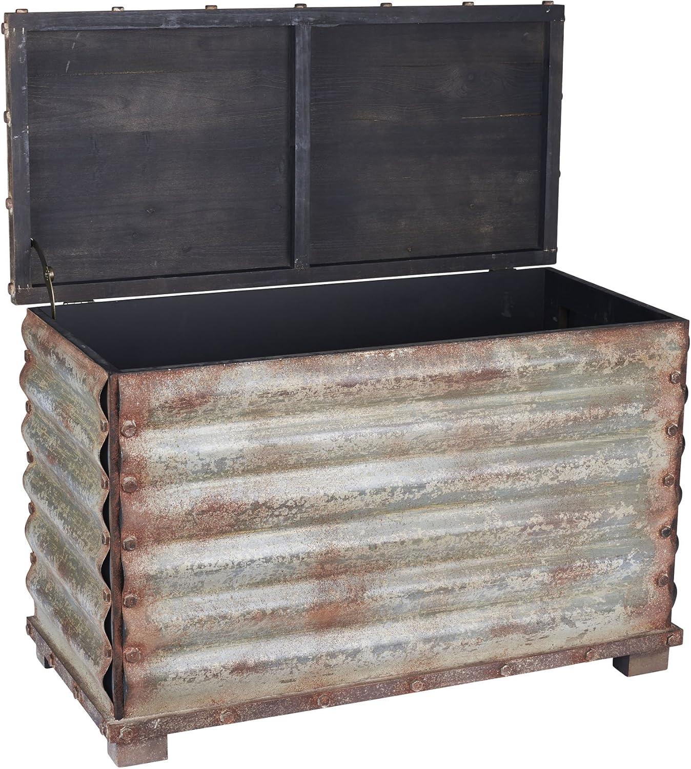 image:imageHousehold Essentials Decorative Trunk Embossed Metal Small Chinese Fir Wood Darkened Interior Rope Handles Flat and Fully Opening Lid Handmade Walnut and Almond StainGrooved