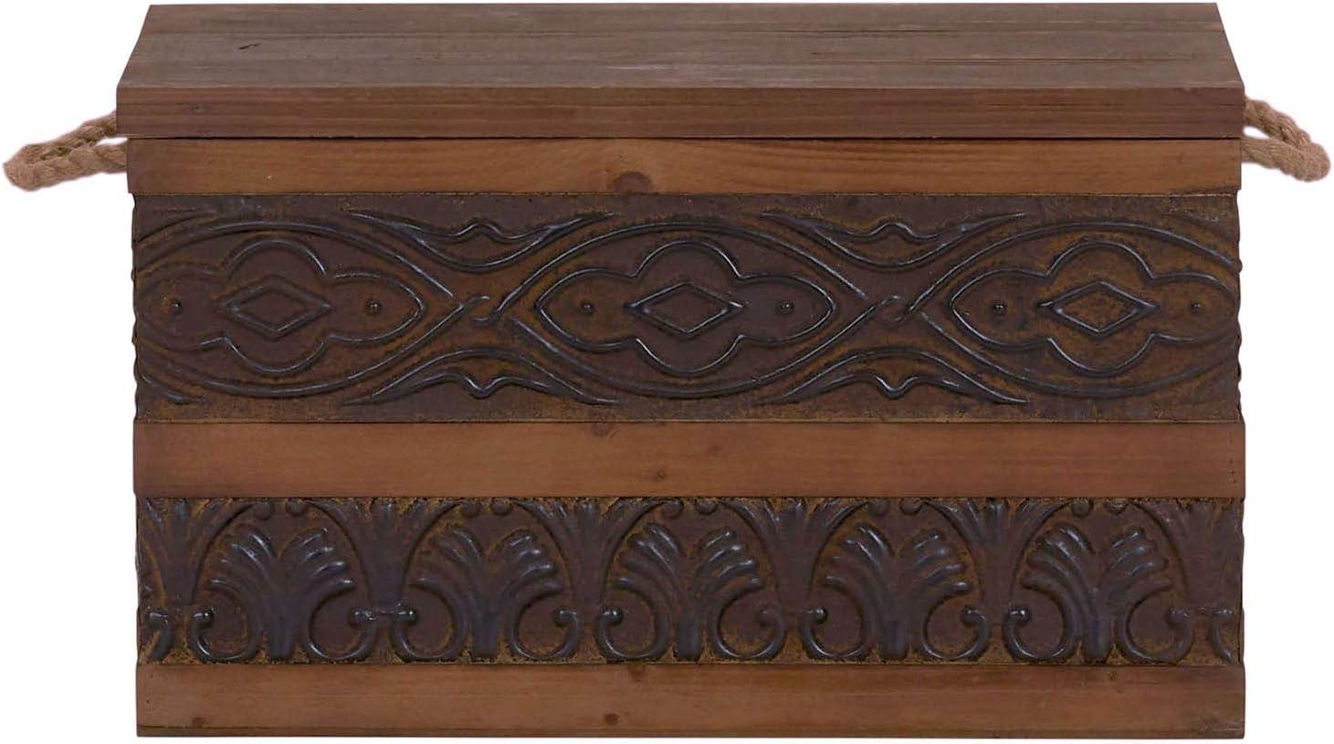 image:imageHousehold Essentials Decorative Trunk Embossed Metal Small Chinese Fir Wood Darkened Interior Rope Handles Flat and Fully Opening Lid Handmade Walnut and Almond StainRustic Traditional
