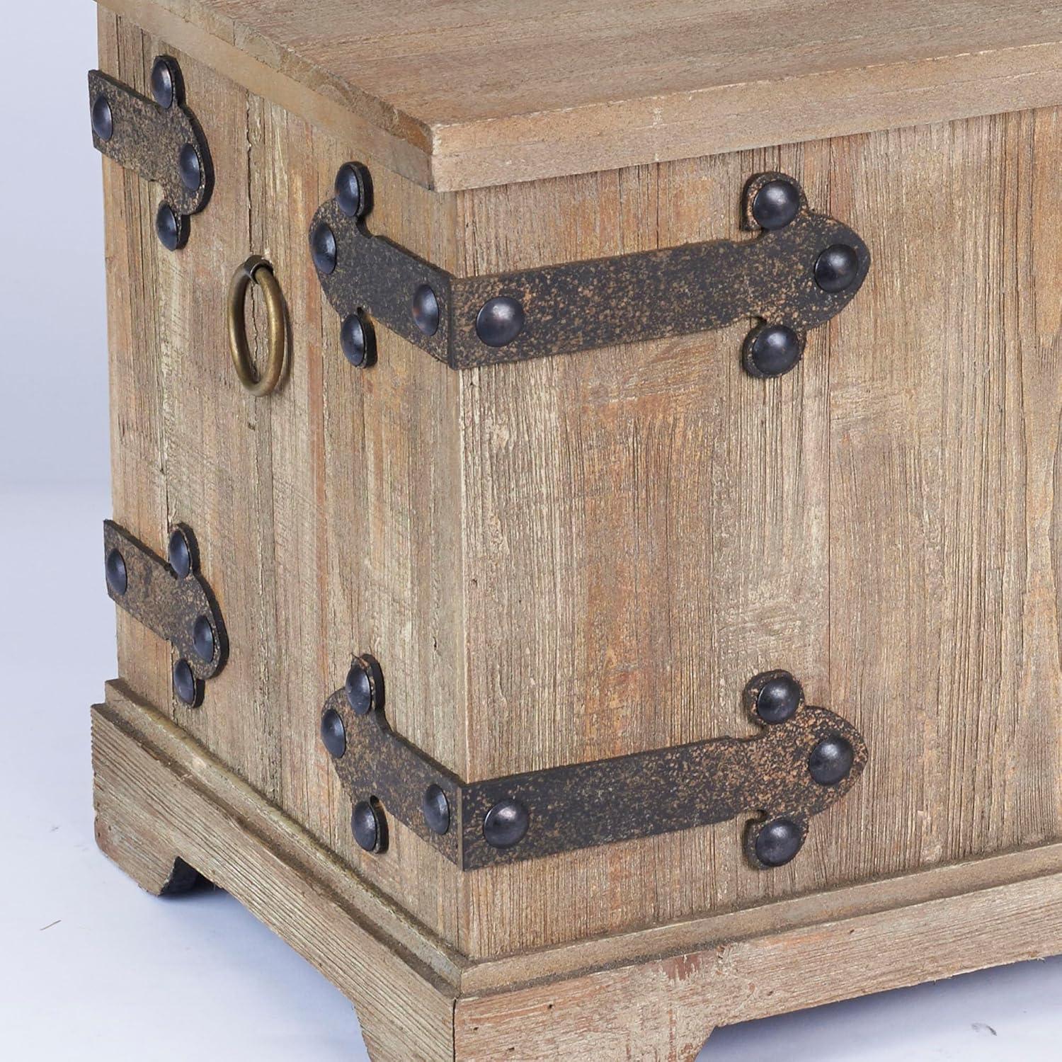 image:imageHousehold Essentials Decorative Trunk Embossed Metal Small Chinese Fir Wood Darkened Interior Rope Handles Flat and Fully Opening Lid Handmade Walnut and Almond StainVictorian