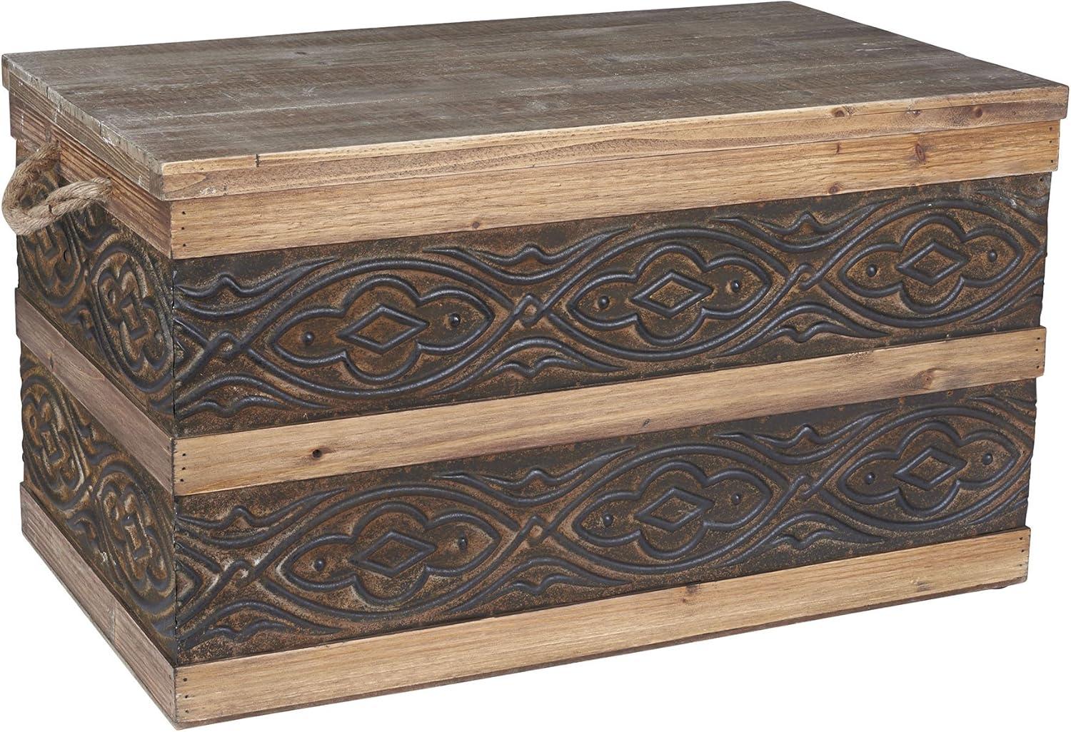 image:imageHousehold Essentials Decorative Trunk Embossed Metal Small Chinese Fir Wood Darkened Interior Rope Handles Flat and Fully Opening Lid Handmade Walnut and Almond StainRustic Traditional