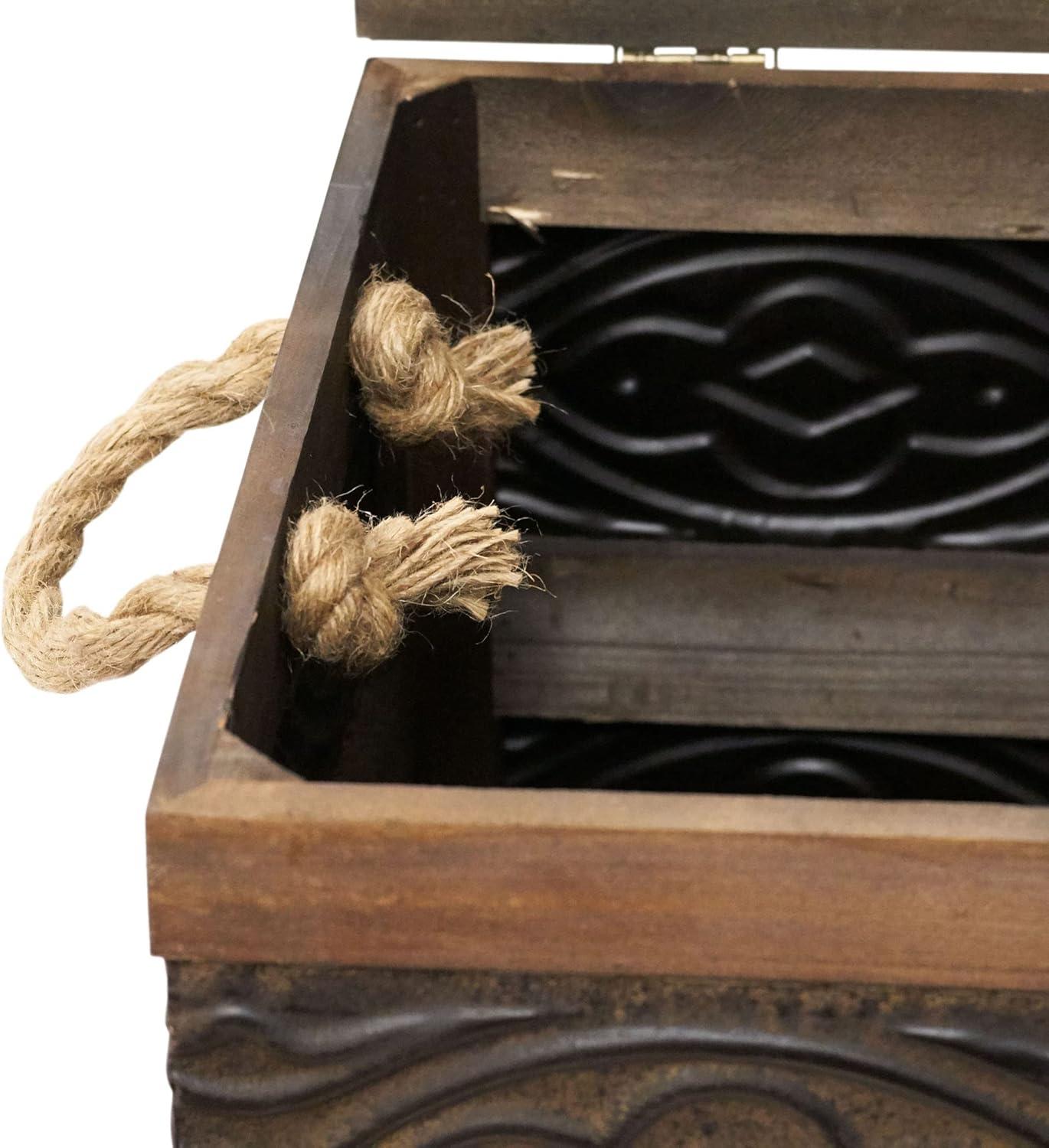 image:imageHousehold Essentials Decorative Trunk Embossed Metal Small Chinese Fir Wood Darkened Interior Rope Handles Flat and Fully Opening Lid Handmade Walnut and Almond StainRustic Traditional