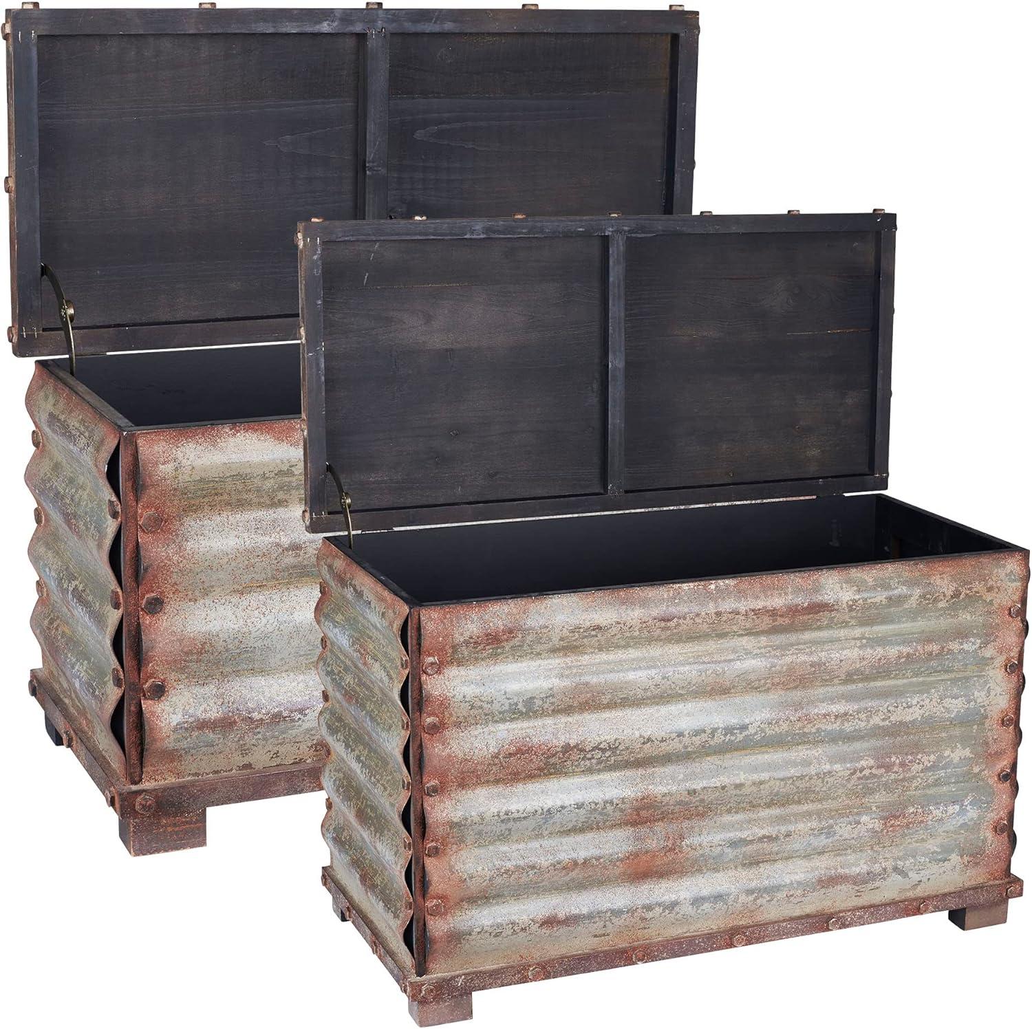 image:imageHousehold Essentials Decorative Trunk Embossed Metal Small Chinese Fir Wood Darkened Interior Rope Handles Flat and Fully Opening Lid Handmade Walnut and Almond StainGrooved