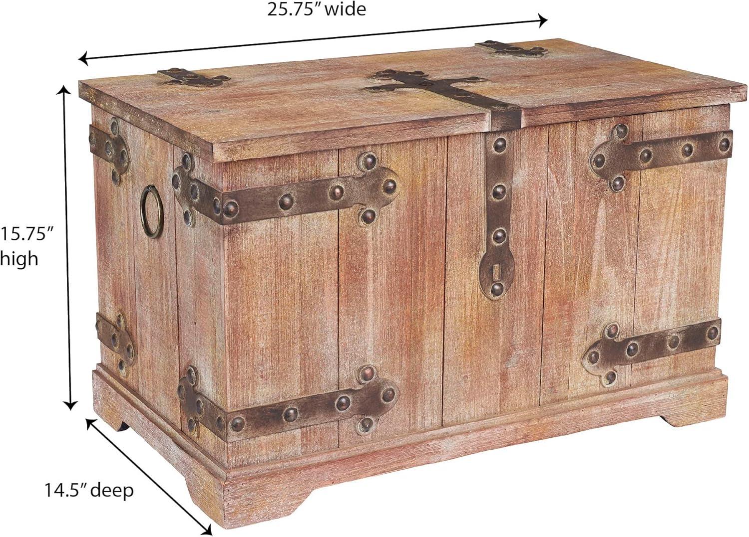 image:imageHousehold Essentials Decorative Trunk Embossed Metal Small Chinese Fir Wood Darkened Interior Rope Handles Flat and Fully Opening Lid Handmade Walnut and Almond StainVictorian