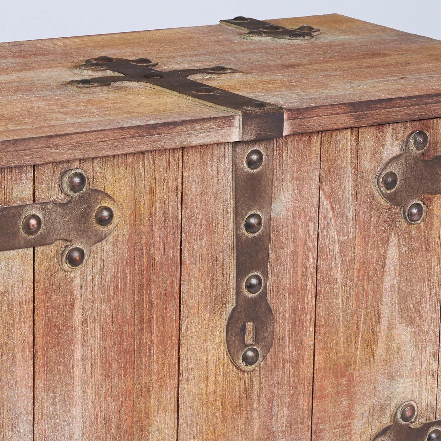 image:imageHousehold Essentials Decorative Trunk Embossed Metal Small Chinese Fir Wood Darkened Interior Rope Handles Flat and Fully Opening Lid Handmade Walnut and Almond StainVictorian