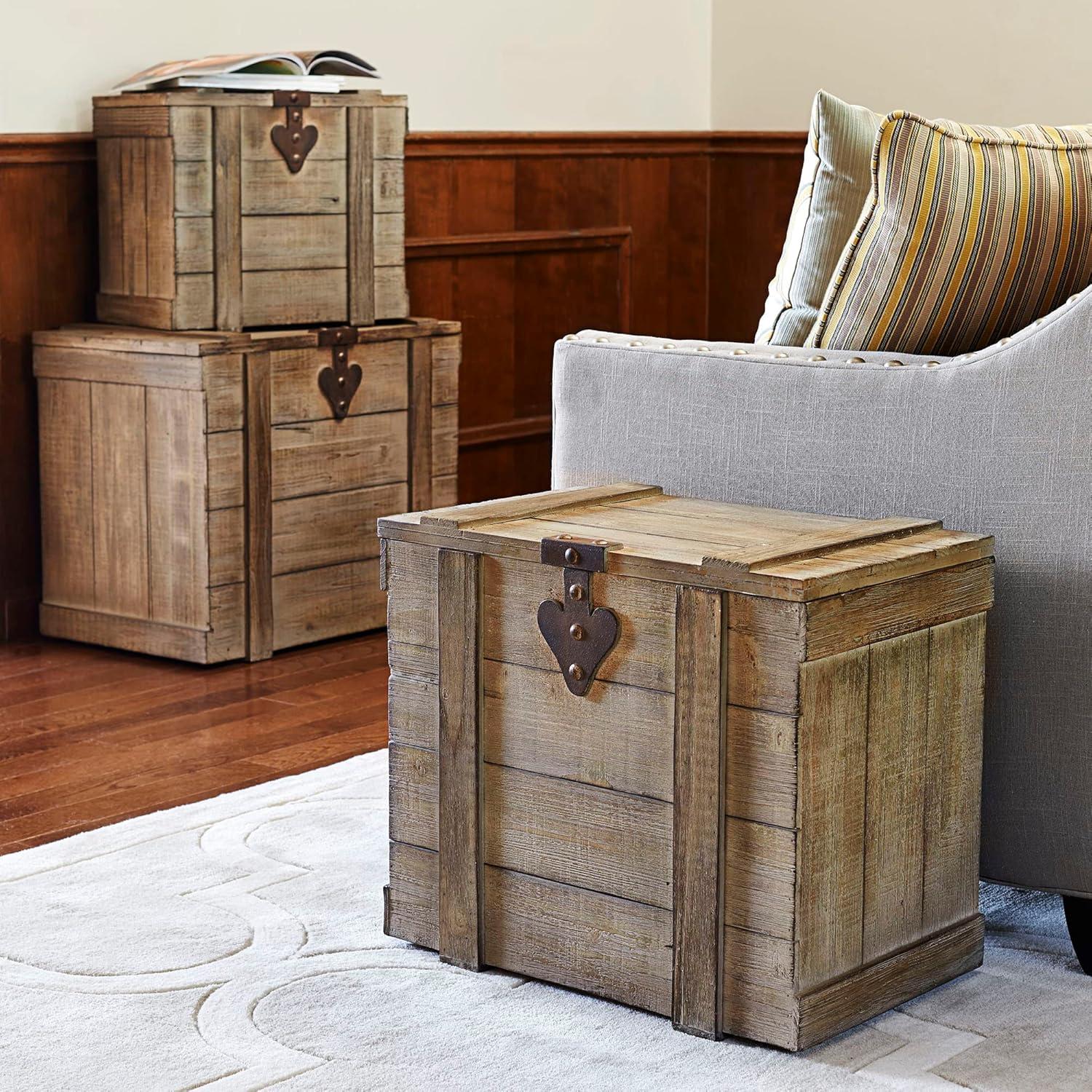 image:imageHousehold Essentials Decorative Trunk Embossed Metal Small Chinese Fir Wood Darkened Interior Rope Handles Flat and Fully Opening Lid Handmade Walnut and Almond StainAntiqued