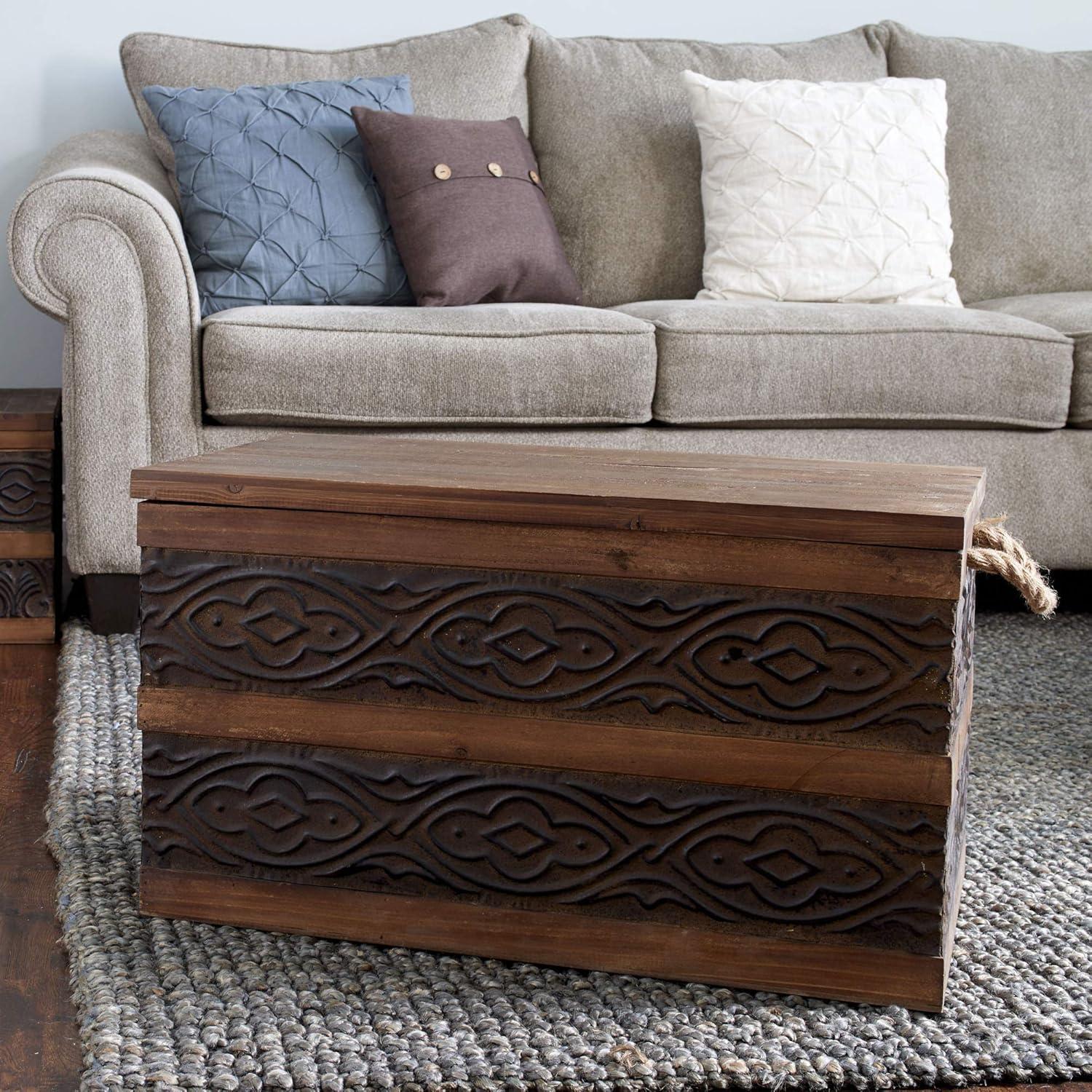 image:imageHousehold Essentials Decorative Trunk Embossed Metal Small Chinese Fir Wood Darkened Interior Rope Handles Flat and Fully Opening Lid Handmade Walnut and Almond StainRustic Traditional