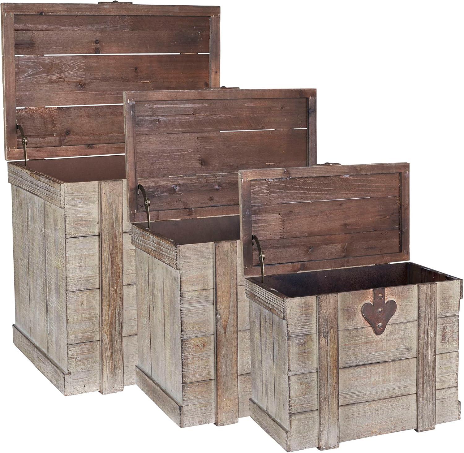 image:imageHousehold Essentials Decorative Trunk Embossed Metal Small Chinese Fir Wood Darkened Interior Rope Handles Flat and Fully Opening Lid Handmade Walnut and Almond StainAntiqued
