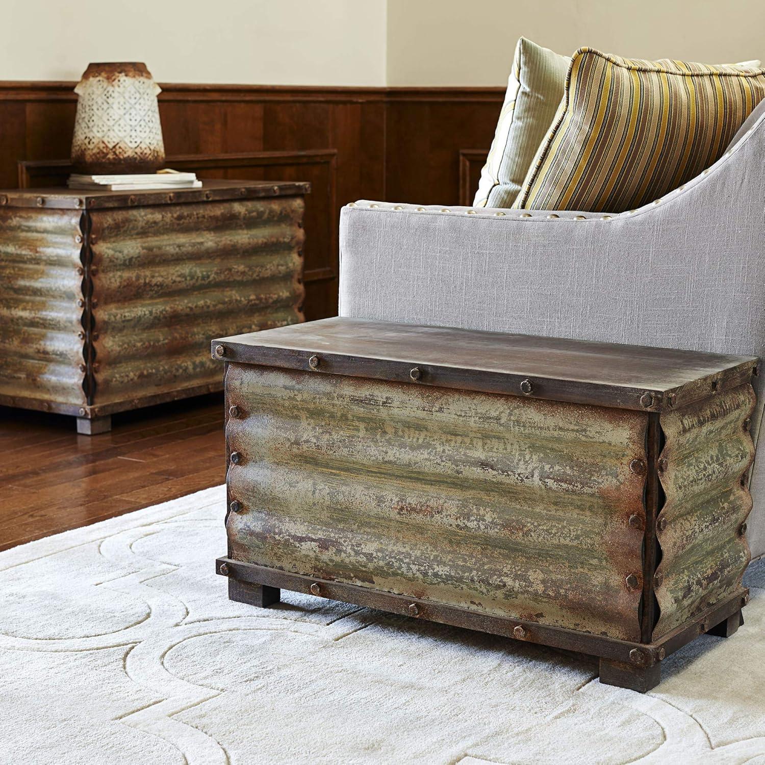 image:imageHousehold Essentials Decorative Trunk Embossed Metal Small Chinese Fir Wood Darkened Interior Rope Handles Flat and Fully Opening Lid Handmade Walnut and Almond StainGrooved