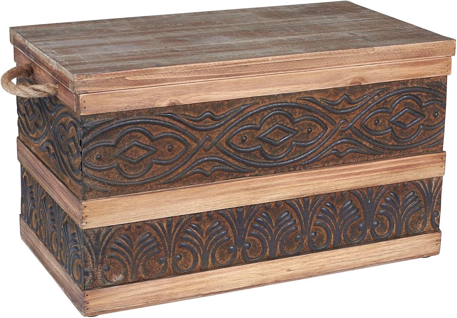 image:imageHousehold Essentials Decorative Trunk Embossed Metal Small Chinese Fir Wood Darkened Interior Rope Handles Flat and Fully Opening Lid Handmade Walnut and Almond StainRustic Traditional