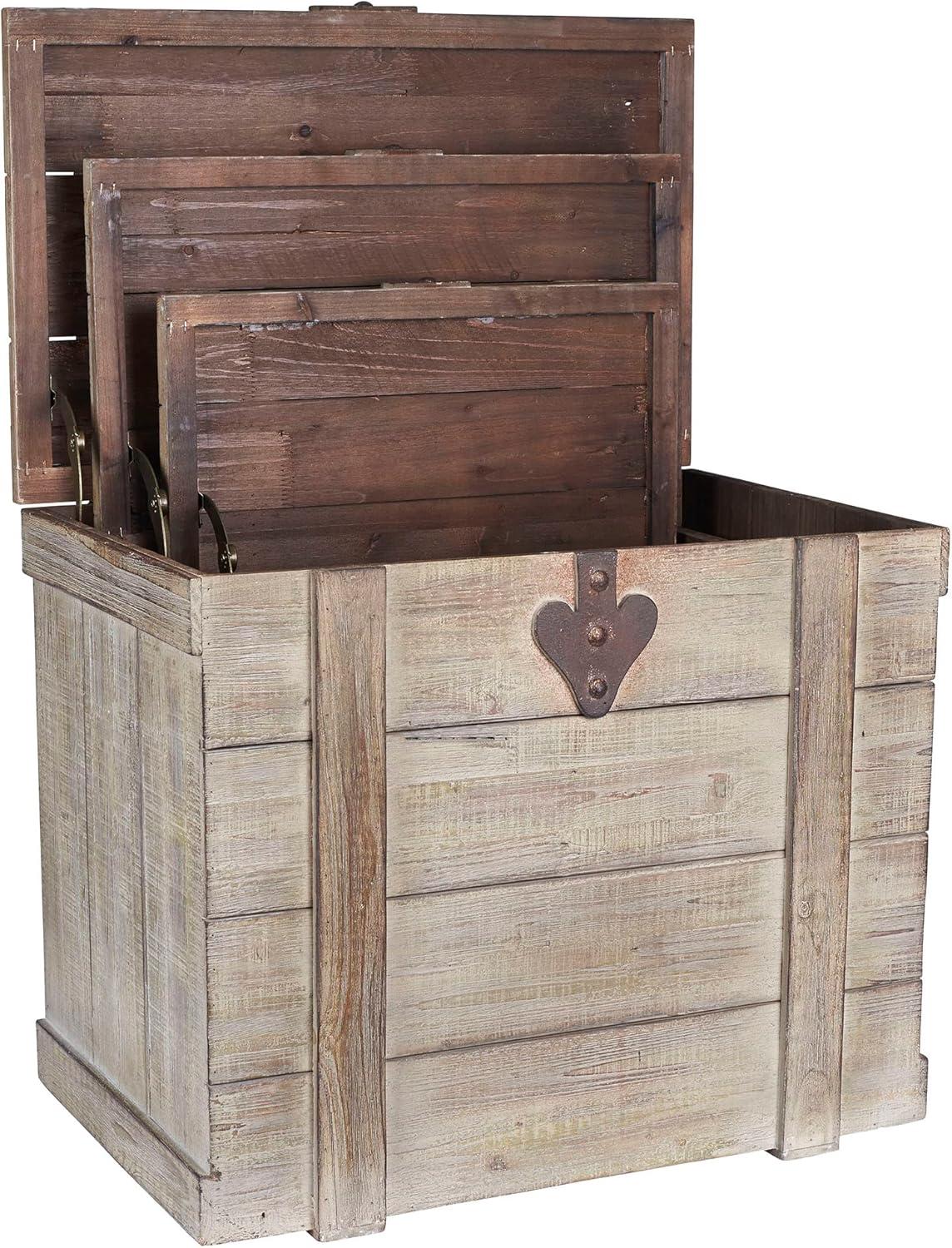 image:imageHousehold Essentials Decorative Trunk Embossed Metal Small Chinese Fir Wood Darkened Interior Rope Handles Flat and Fully Opening Lid Handmade Walnut and Almond StainAntiqued
