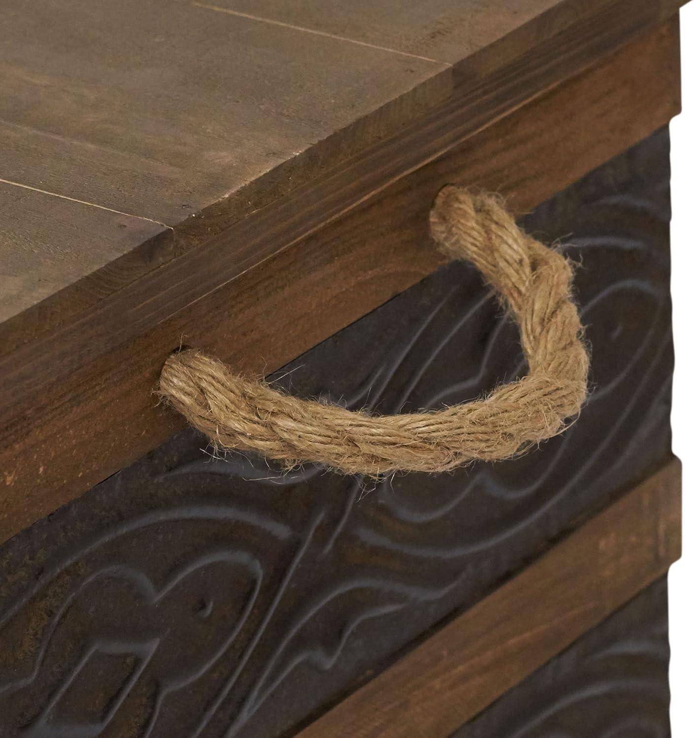 image:imageHousehold Essentials Decorative Trunk Embossed Metal Small Chinese Fir Wood Darkened Interior Rope Handles Flat and Fully Opening Lid Handmade Walnut and Almond StainRustic Traditional