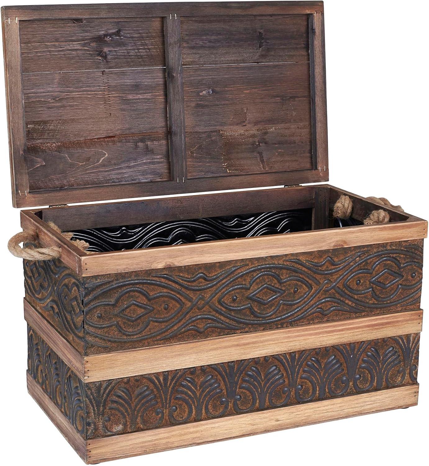 image:imageHousehold Essentials Decorative Trunk Embossed Metal Small Chinese Fir Wood Darkened Interior Rope Handles Flat and Fully Opening Lid Handmade Walnut and Almond StainRustic Traditional
