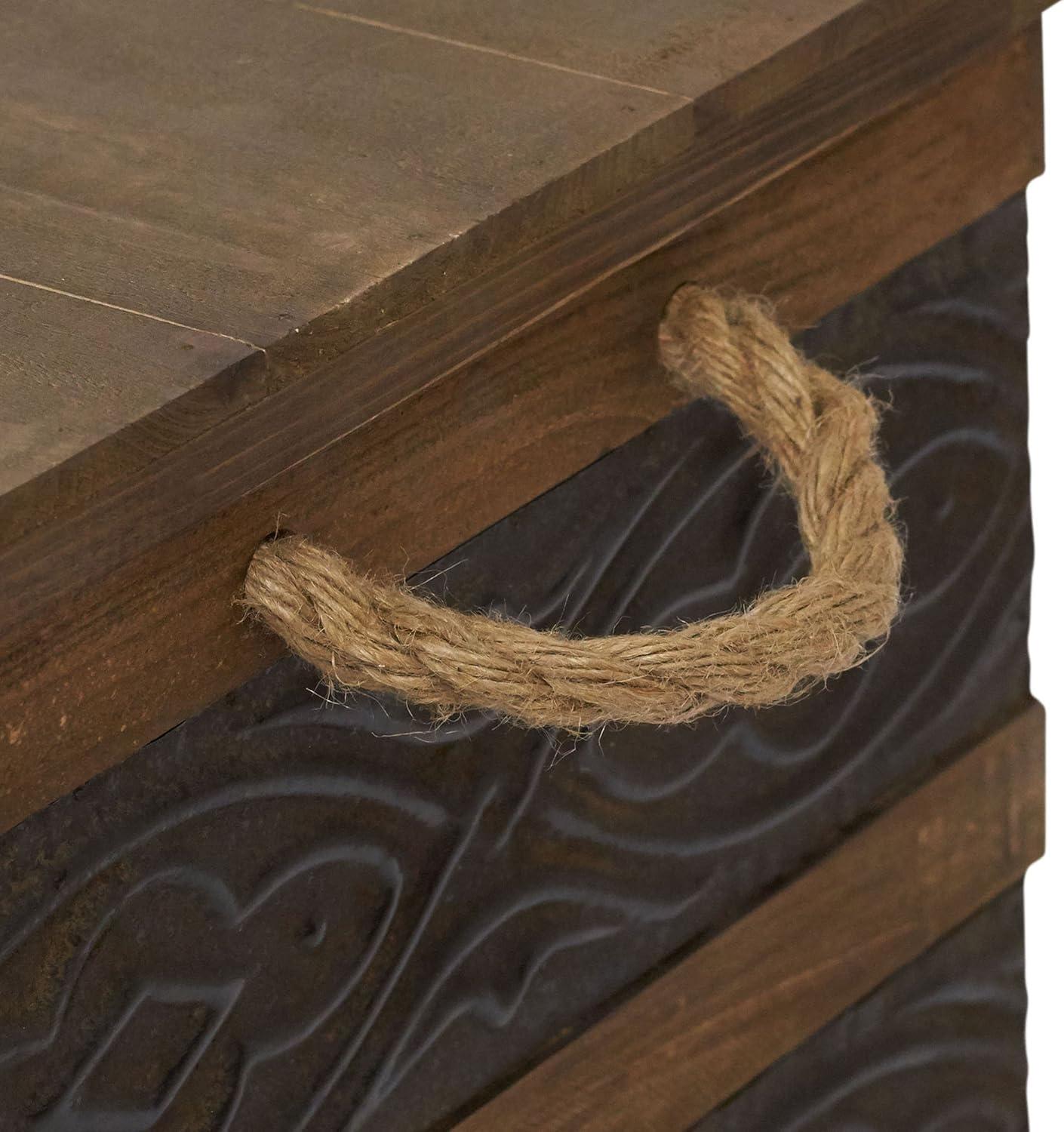 image:imageHousehold Essentials Decorative Trunk Embossed Metal Small Chinese Fir Wood Darkened Interior Rope Handles Flat and Fully Opening Lid Handmade Walnut and Almond StainRustic Traditional