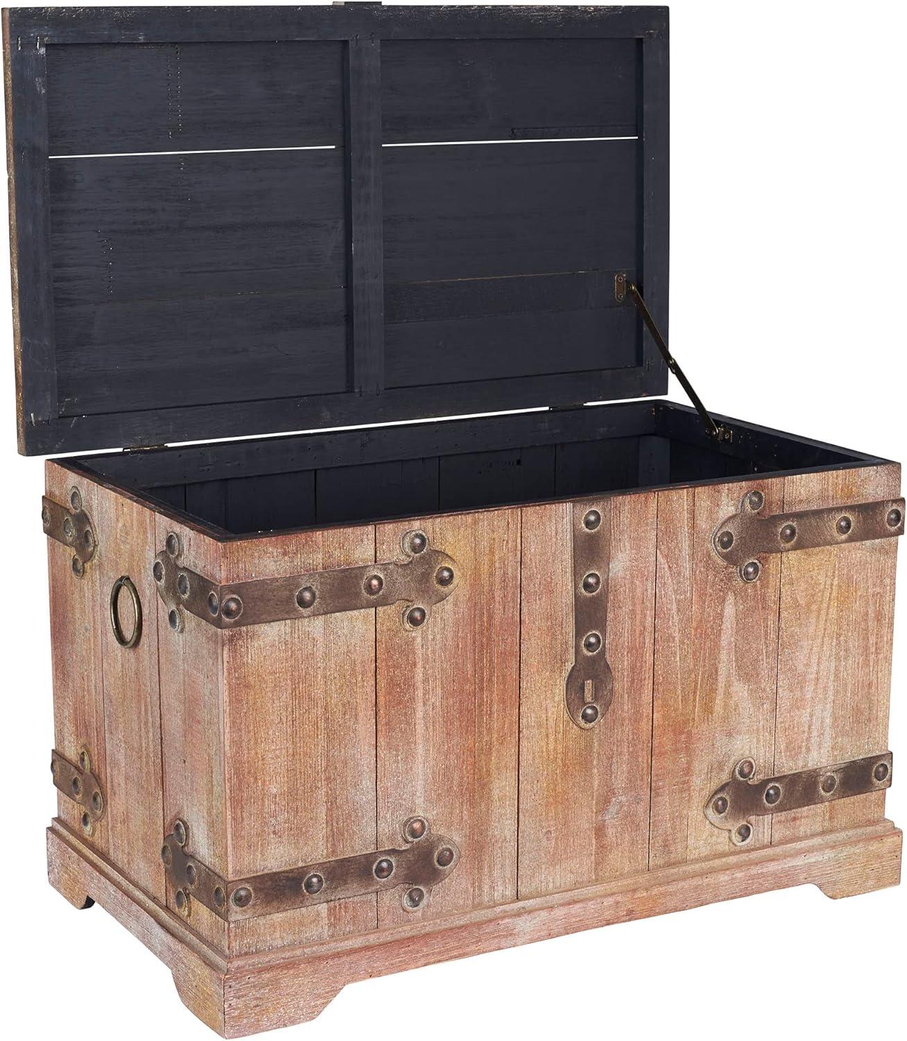 image:imageHousehold Essentials Decorative Trunk Embossed Metal Small Chinese Fir Wood Darkened Interior Rope Handles Flat and Fully Opening Lid Handmade Walnut and Almond StainVictorian