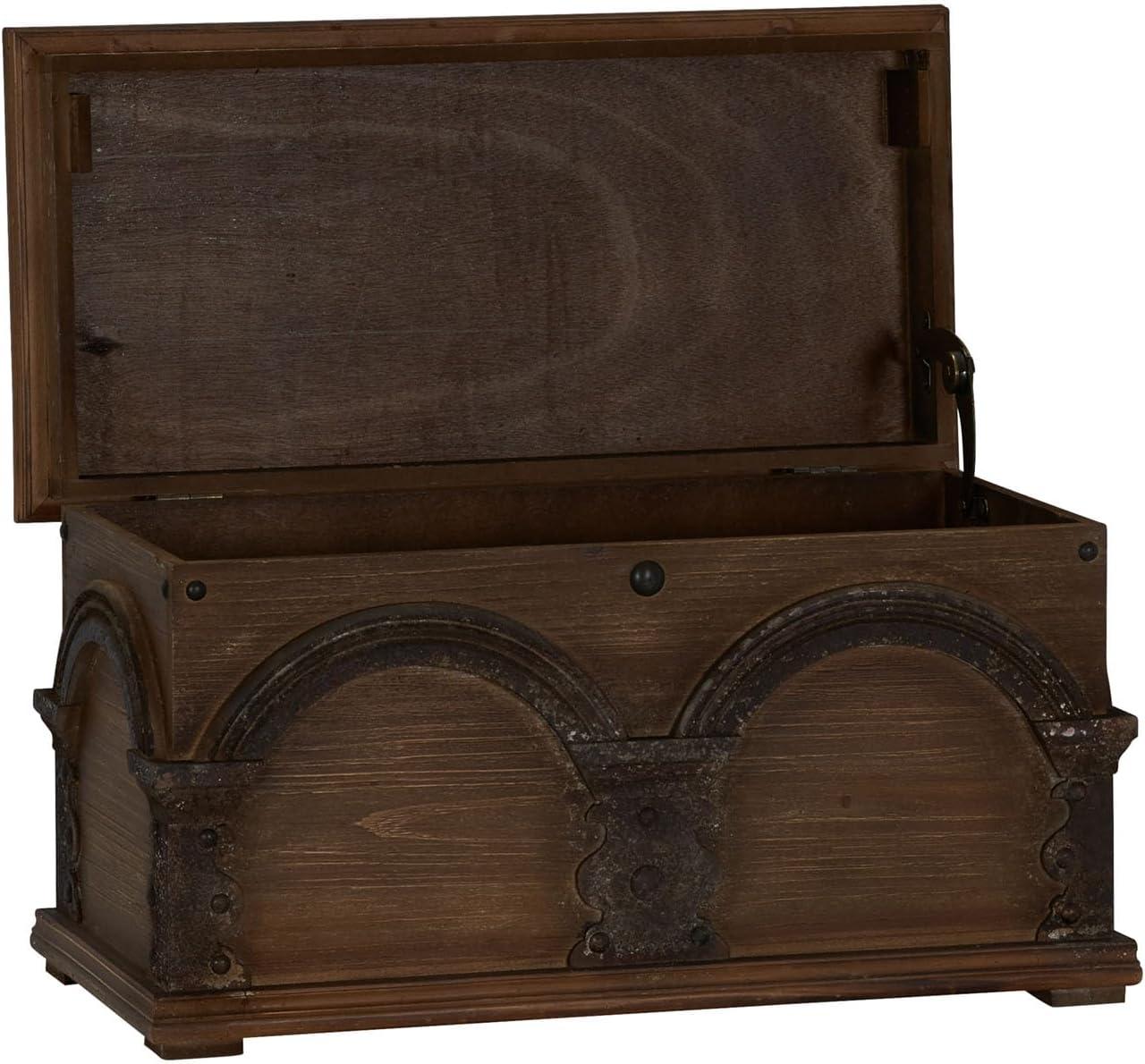 image:imageHousehold Essentials Decorative Trunk Embossed Metal Small Chinese Fir Wood Darkened Interior Rope Handles Flat and Fully Opening Lid Handmade Walnut and Almond StainArch