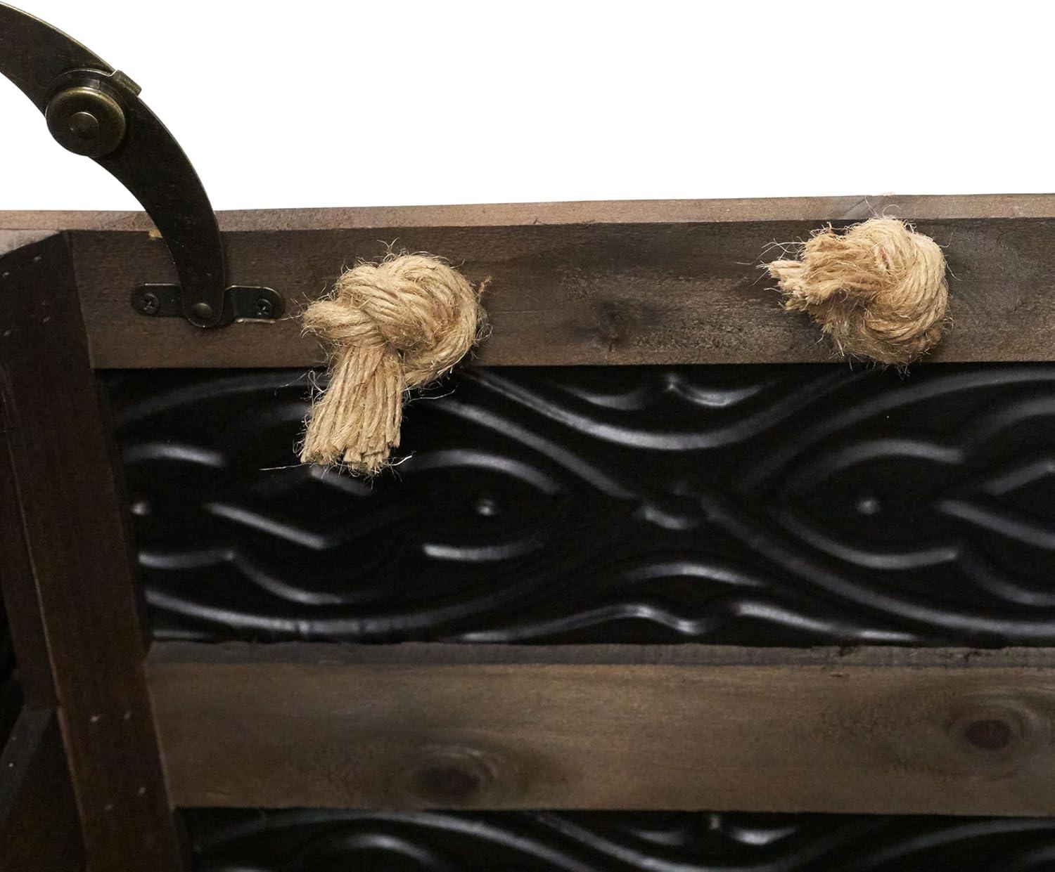 image:imageHousehold Essentials Decorative Trunk Embossed Metal Small Chinese Fir Wood Darkened Interior Rope Handles Flat and Fully Opening Lid Handmade Walnut and Almond StainRustic Traditional