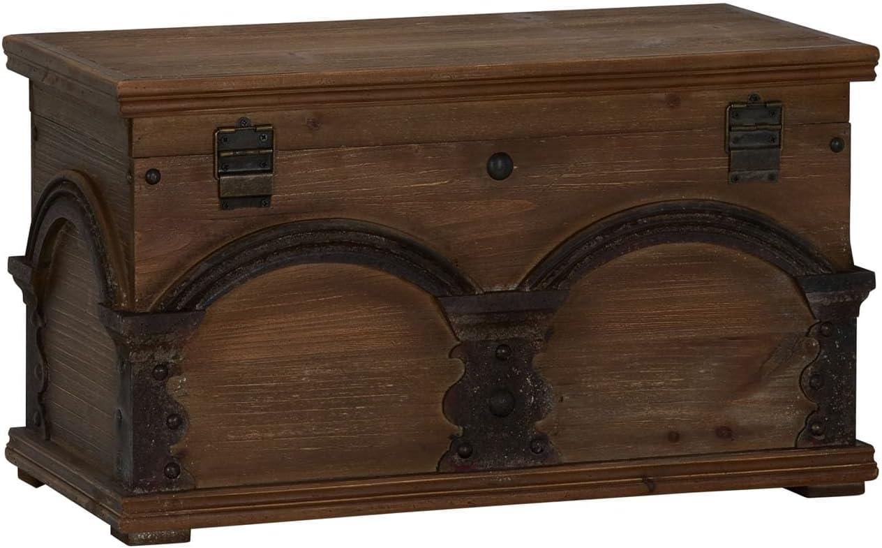 image:imageHousehold Essentials Decorative Trunk Embossed Metal Small Chinese Fir Wood Darkened Interior Rope Handles Flat and Fully Opening Lid Handmade Walnut and Almond StainArch