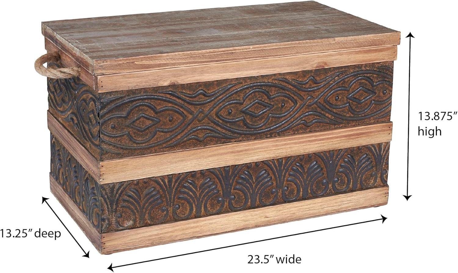 image:imageHousehold Essentials Decorative Trunk Embossed Metal Small Chinese Fir Wood Darkened Interior Rope Handles Flat and Fully Opening Lid Handmade Walnut and Almond StainRustic Traditional